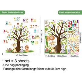 DTLIFEK Woodland Animals Large Tree Wall Decals Colorful Alphabet Numbers Wall Stickers Cartoon Pattern Giraffe Lion Removable Peel and Stick Wallpaper for Kids Baby Bedroom Nursery Home Decoration