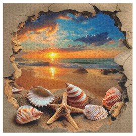 Beach Sunset Puzzles for Adults 1000 Pieces, Ocean Starfish Seashell Jigsaw Puzzles, Vintage Beach Shells Puzzle as Wall Decor