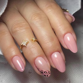 MERVF Medium Press on Nails Almond Fake Nails Pink French Tip Stiletto Glue on Nails Press ons with Leopard Design Glossy 24pcs Ombre Artificial Acrylic Nails for Women