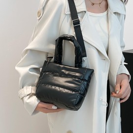 Quilted Metallic Lightweight Phone Crossbody Purse, Puffer Small Tote Bag Soft Padded Adjustable Strap, Women Shoulder Bag, Black