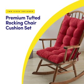 Rocking Chair Cushion Premium Tufted Pads Non Skid Slip Backed Crushed Velvet Cover Set of Upper and Lower with Ties, 21 in x 17 in | 17 in x 17 in, Velvet Red