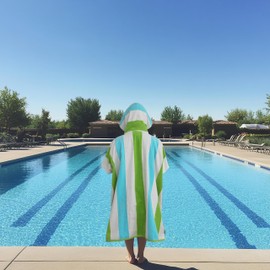 ORIGINAL KIDS Hooded Beach Towel Poncho - Swim Cover-up - 100% Cotton Velour XL Hooded Poncho Towel - Adult Big Kid Pool Bath Wearable Swimming Robe - Soft Plush 630 GSM Gift - 35 x 35 - Aqua Lime