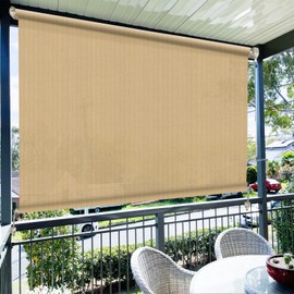 Amagenix Outdoor Roller Shades 6'(W) X 6'(H), Exterior Cordless Patio Shades Roll Up Outdoor Blinds with 90% UV Protection, Two-Section Poles with One-Piece Fabric, Sesame