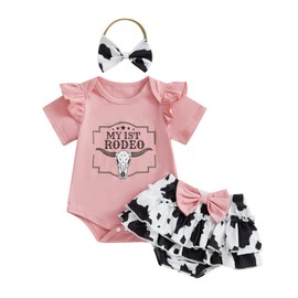 Kayotuas - Conjunto de 3 piezas para bebé y niña, ropa de verano de vaquera, diseño de roveo, estampado de vaca, pantalones cortos, diadema, Volantes rosas., 0-3 meses