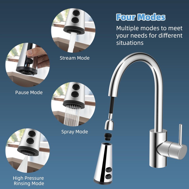 Hibbent Pull Down Kitchen Faucet Head Replacement, 4-Function Kitchen Sink
