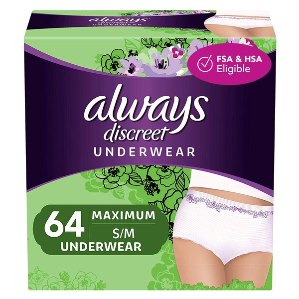 Always Discreet Incontinence & Postpartum Incontinence Underwear for Women, Small/Medium, 64 Count, Maximum Protection, Disposable (32 Count, Pack of 2-64 Count Total)