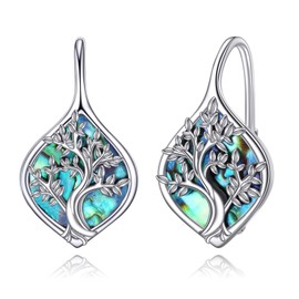 Tree of Life Earrings for Women 925 Sterling Silver Leverback Abalone Shell Tree of Life Jewelry Gift