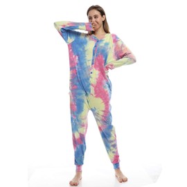 Lifeye Womens Onesie Pajamas Romper Sleepwear Set Tie Dye Long Sleeve Jumpsuit Homewear Union Suit with Drop Seat Butt Flap Yellow Blue XL