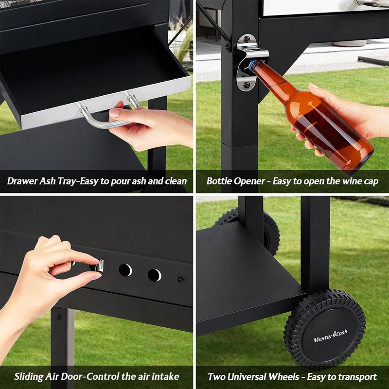 MASTER COOK Charcoal Grill with Two Side Tables, Heavy-duty Steel
