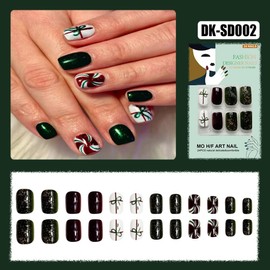 Christmas Press on Nails Short Square Fake Nails with Green Bow Design Glossy Green Glitter Glue on Nails Glossy Red Swirls False Nail Xmas Holiday Winter Stick on Nail for Women Manicure 24Pcs