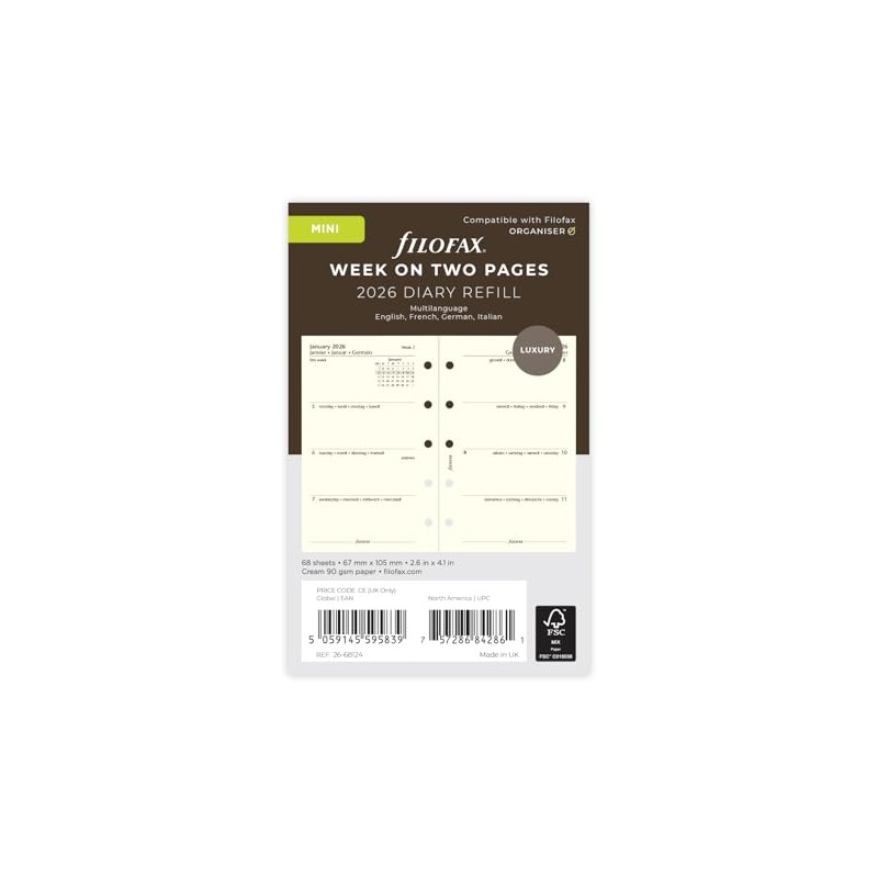 Filofax Mini Calendar 1 Week on 2 Pages Cotton Cream