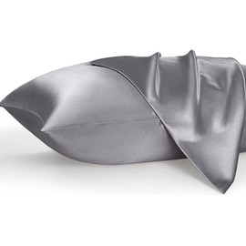 Mulberry Satin Silk Pillowcase for Hair and Skin - Soft Breathable Smooth Both Sided Silk Pillow Cover Pair - Standard Size 50x75cm, 2pc (Dark Gray Pillow)