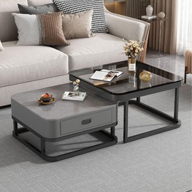 Jerry & Maggie Ø 27.5" Tempered Glass Coffee Tables for Living Room Modern Farmhouse, Square Glass Nesting Coffee Table Set of 2, Side Table 2-Piece Set