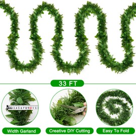 33Ft Christmas Tinsel Garland Xmas Tree Decorations Green Leaves Christmas Metallic Twist Garland Ceiling Hanging Decorations for Christmas Party Holiday Indoor Outdoor Supplies