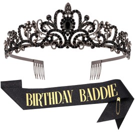 FASOTY Birthday Baddie Sash and Crown for Women Girls - Black Glitter with Gold Foil Birthday Girl Sash and Crown Funny Birthday Party Favor Supplies