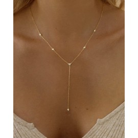 Fwlisesa Lariat Necklace for Women, Charm Gold Long Necklaces for Women Trendy 14k Gold Plated Teardrop Drop Necklace Simple Gold Pendant Dainty Long Chain Choker Fashion Body Chain Jewelry Gifts