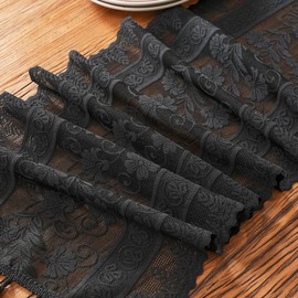 Black Boho Table Runner 12 x 71 Inch Long Lace Table Runner with Tassels Vintage Rustic Table Runners for Kitchen Dining Home Table Decorations (12x73 inch,Tassel Included