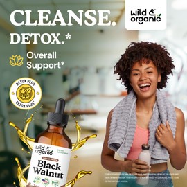 Wild & Organic Black Walnut Tincture - Detox Cleanse w/Black Walnut Hull Extract - Herbal Supplement for Gut Cleanse Detox and Digestive Well-Being - Vegan, Sugar & Alcohol-Free - 4 fl oz