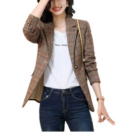 ebossy Women's Notch Lapel 2 Button Boyfriend Blazer Suit Houndstooth Plaid Jacket Coat (X-Small, X-Brown)