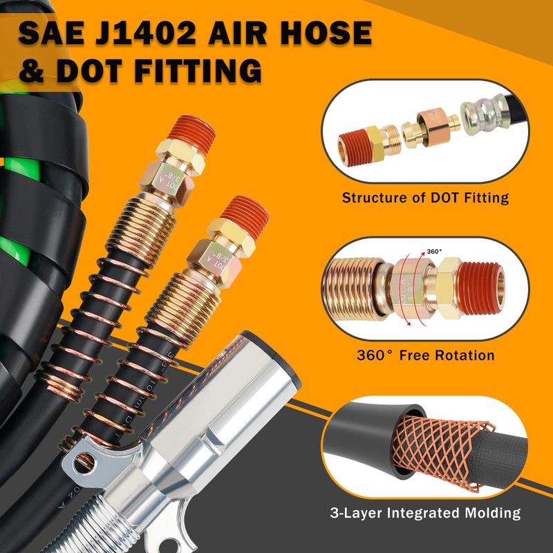 XaXmTee 12FT Semi Truck Air Lines Kit 3IN1 Trailer Cord