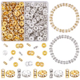 TINKRSTUFF 200 pcs 8mm Spacer Beads for Crafting, Silver and Gold Rondelle Spacer Beads Bulk, Fancy Sparkle Crystal Rhinestone Spacer Beads for Necklace Bracelet Earring Jewelry Making and Pens DIY