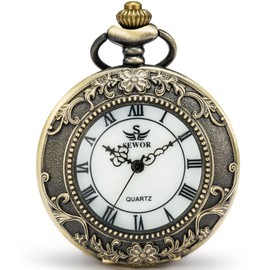 SEWOR Quartz Pocket Watch Shell Dial Magnifier Case with Two Type Chain (Leather+Metal) (Bronze)