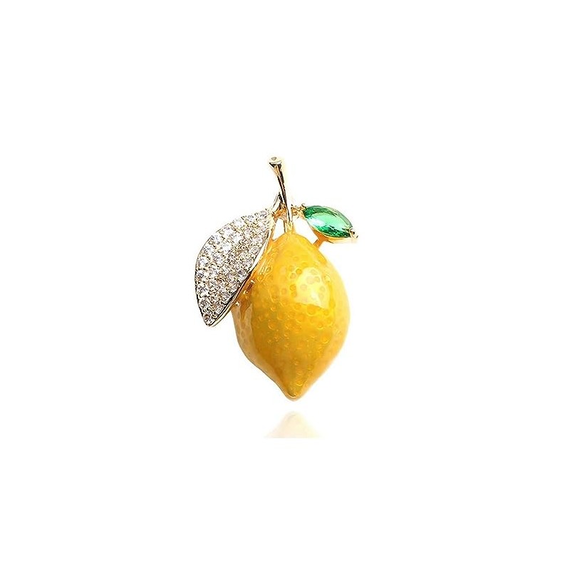 Stainless Steel Fruit Lemon Yellow Leaf Brooch with Rhinestones and