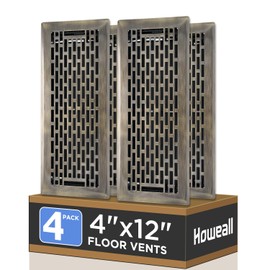 Howeall 4x12 Inches 4 Pack Heavy Duty Walkable Floor Register - Easy Adjust Air Supply Lever Decorative Floor Vent Covers, Boston Design Vent Covers for Home - Antique Brass