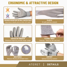 ATERET Work Gloves Nylon HPPE & Fiberglass Coated Gloves, Ideal Use for Glass Cutting, Sheet Metal Handling, Warehouse, X-Large