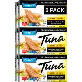 FinerFin Yellowfin Tuna Salad in Organic Olive Oil | Zesty Lemon Flavor | Premium Canned Tuna Fish with EVOO | Gourmet Ready-to-Eat Wild-Caught Fillets | 4.4oz can - 6 Pack