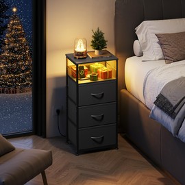 WLIVE Nightstand with Charging Station, 31.9" H Nightstand with 3 Fabric Drawers, LED Bedside Table with USB Ports and Outlets, End Table for Dorm, Bedroom, Entryway, Black