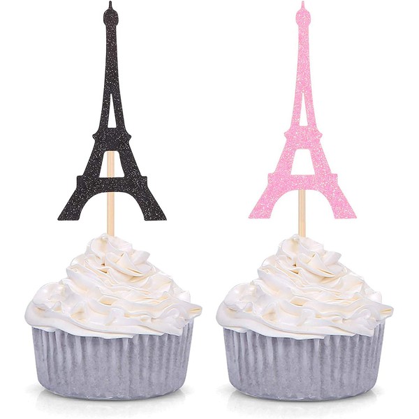 24 piezas de decoración para cupcakes con diseño de torre Eiffel, para bodas, despedidas de soltera, 12 rosas y 12 negras
