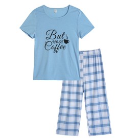 YIJIU Women's Capri Pajama Sets Summer Letter Coffee Print Short Sleeve Sleepwear Pjs Sets,Blue Plaid,L