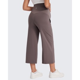 G4Free Maternity Pants for Women Wide Leg Summer Capris Over The Belly Stretch Pregnancy Cropped Slacks with Pockets (Taupe,L)