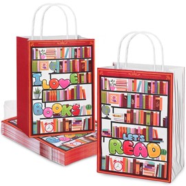 24 Pcs Books Reading Paper Gift Bags Back to School Read Goodie Bags with Handles for Book Lover Book Club Book Reading Themed Party First Day of School Party Decorations Supplies