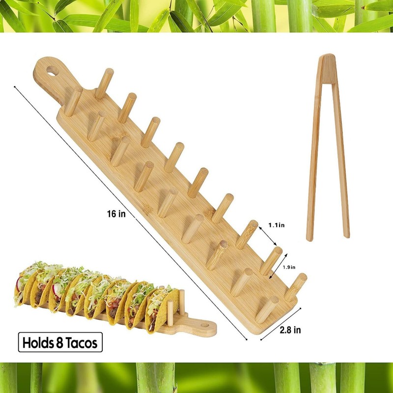 4 Pcs Bamboo Taco Holder with Tong Bamboo Taco Tray