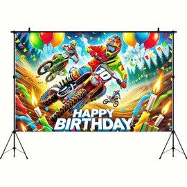 Motocross Racing Happy Birthday Banner with Bikes and Balloons motorcycle birthday decorations 71 x 43 Inch Polyester Backdrop for Party Decorations, Indoor and Outdoor Use