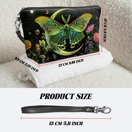BWEGRHE Cosmetic Bag PU Leather Travel Makeup Bag with Detachable Wrist Strap, Moth Moon Flowers Women's Toiletry Storage Pouch Water Resistant Portable Change Coin Small Purse Zipper Pouch
