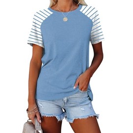 Womens Summer Tops 2024 Short Sleeve Raglan Striped Shirts Light Blue M