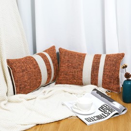 howdy deco Patchwork Lumbar Throw Pillow Covers 12x20 Inch, Pack of 2 Orange Linen Farmhouse Rectangle Lumbar Pillowcases Modern Faux Leather Pillow Covers for Couch Office Chair, Brown