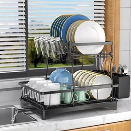 SHENZIJIA Dish Drying Rack 2-Layer Kitchen Counter Dish Rack Large Capacity Carbon Steel Kitchen Dish Drying Rack with drip Plate Removable Dish Drain Rack with Cutlery Rack