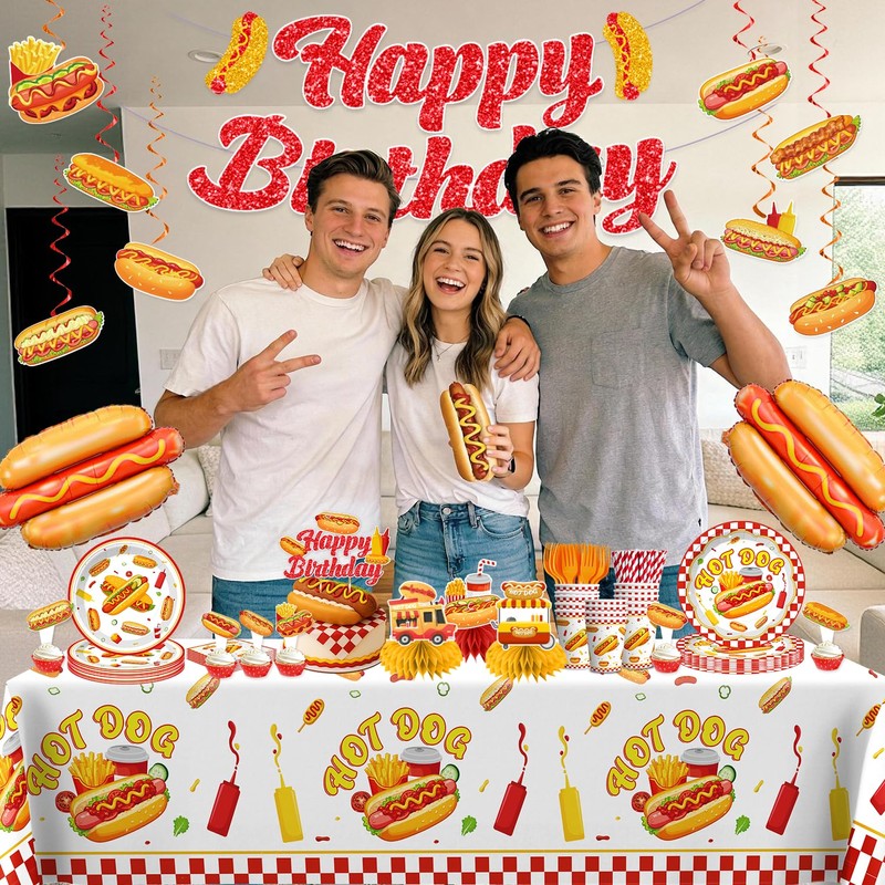 wellspar 191Pcs Hot Dog Party Decorations Tableware Set, 25 Serves