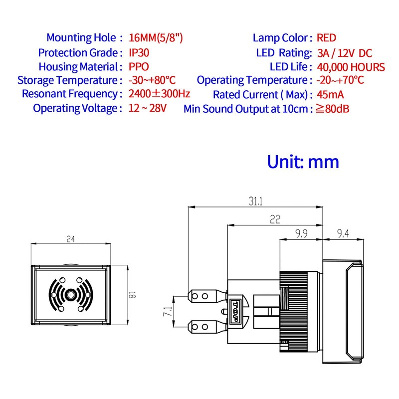 16mm Buzzer 12VDC Rectangle Red with Indicator Light LED 5/8"
