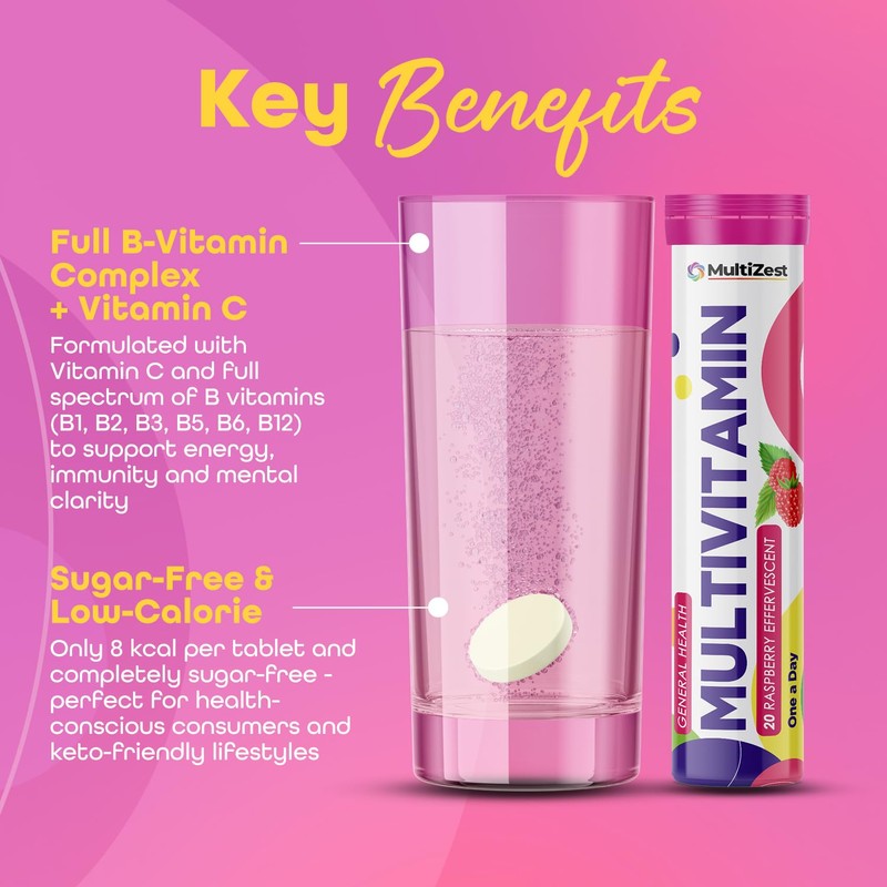 Multivitamin Effervescent| Raspberry Flavour|20 Tablets x 4| MultiZest Brand