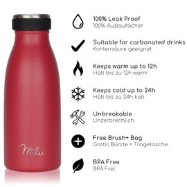 Milu Stainless Steel Drinking Bottle 350 ml, 500 ml, 750 ml, 1 L, 1.5 L - Thermos Flask for Children Adults Leak-Proof Insulated Flask Suitable for Carbonated Drinks - Includes Cleaning Brush (Red,
