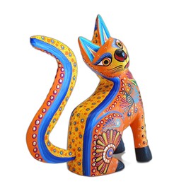 ALKIMIA INC Mexican Alebrije Charming Cat Wood Carving Handcrafted Sculpture (Orange)