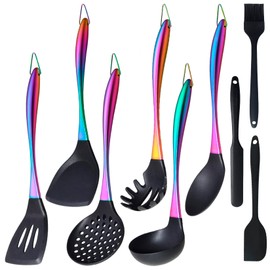 Silicone Cooking Utensils Set, 9Pcs Kitchen Utensil Set with Stainless Steel Handle, Heat-Resistant Silicone Utensils for Cooking, Non-Stick Spatula Set with Spoons, Turners, Ladle (Rainbow)