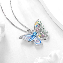 Aurora Tears 925 Sterling Silver Butterfly Flower Pendant Necklace - Colorful Enamel Zircon Adjustable Chain Jewelry Gift for Women Her DP0383W