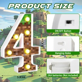 8.5" Pixel Game Party Decorations Light up Numbers Marquee Number Lights Sign Pixel Theme Birthday Party Supplies Table Centerpieces Pixel Pattern Game Theme Night Light for Home Decor (Number 4)