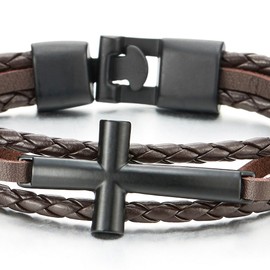 COOLSTEELANDBEYOND Black Sideway Horizontal Lateral Cross Brown Braided Leather Bracelet for Men Women Wristband Bangle(CA)